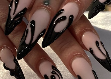 Stylish black flame nail art by Gelz by Ellz in Napier, Hawke's Bay Region, NZ, highlighting creativity and detail.