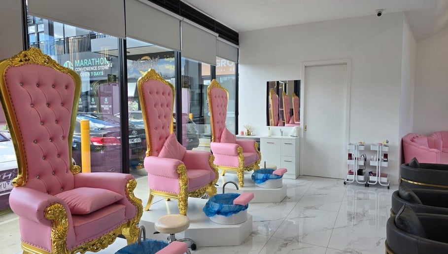 Elegant pink and gold pedicure chairs at Vr Nails in Melbourne, Victoria, AU, offering luxury nail services.