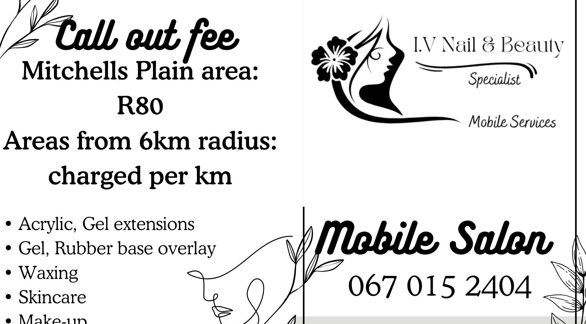 I.V Nail and Beauty Specialist flyer detailing services and call out fee in Cape Town, Western Cape, ZA.