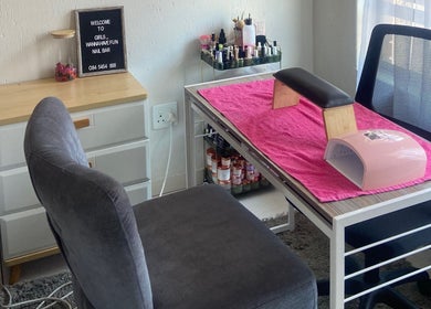 Nail bar setup at GIRLS_WANAHAVEFUN By Irene in Alberton, Gauteng, ZA. Chic workspace with nail supplies.