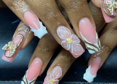 Intricate nail art by GIRLS_WANAHAVEFUN By Irene in Alberton, Gauteng, ZA showcases pink and gold floral designs.