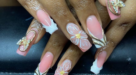 Intricate nail art by GIRLS_WANAHAVEFUN By Irene in Alberton, Gauteng, ZA showcases pink and gold floral designs.