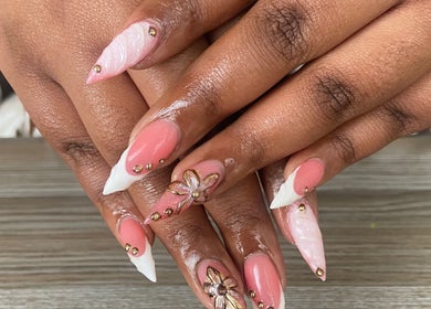 Intricate manicure design with floral art at GIRLS_WANAHAVEFUN By Irene, Alberton, Gauteng, ZA.