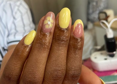 Bright yellow and floral nail art from GIRLS_WANAHAVEFUN By Irene, Alberton, Gauteng, ZA.