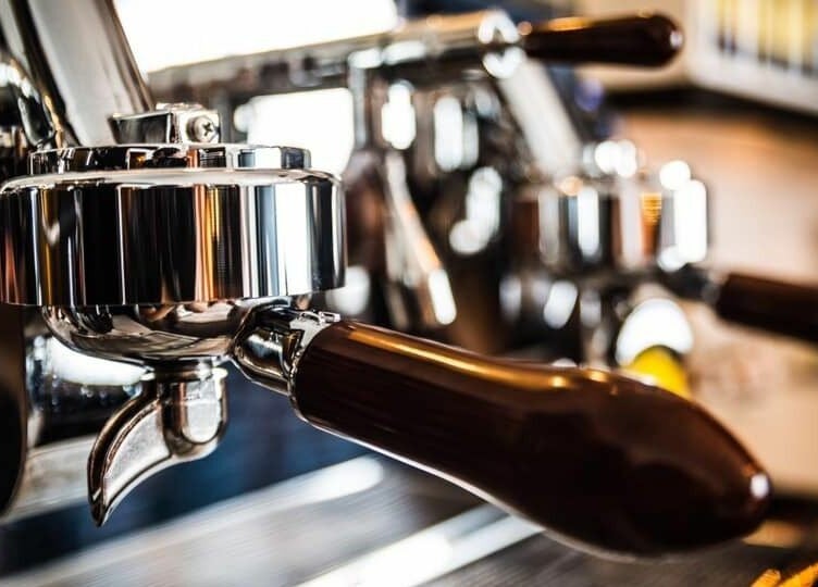 Close-up of espresso machine handle at Paradise Spa and Coffee Bar, East Saint Paul, Manitoba, CA.