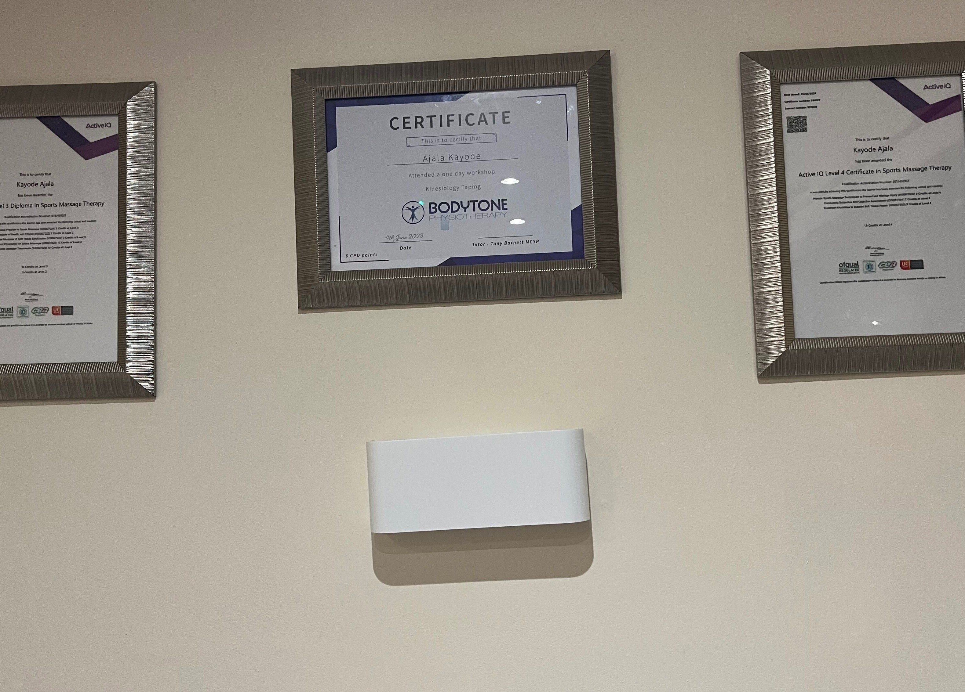 Framed certificates on display at Muscle Alchemy Massage, Glengormley, Northern Ireland, GB.