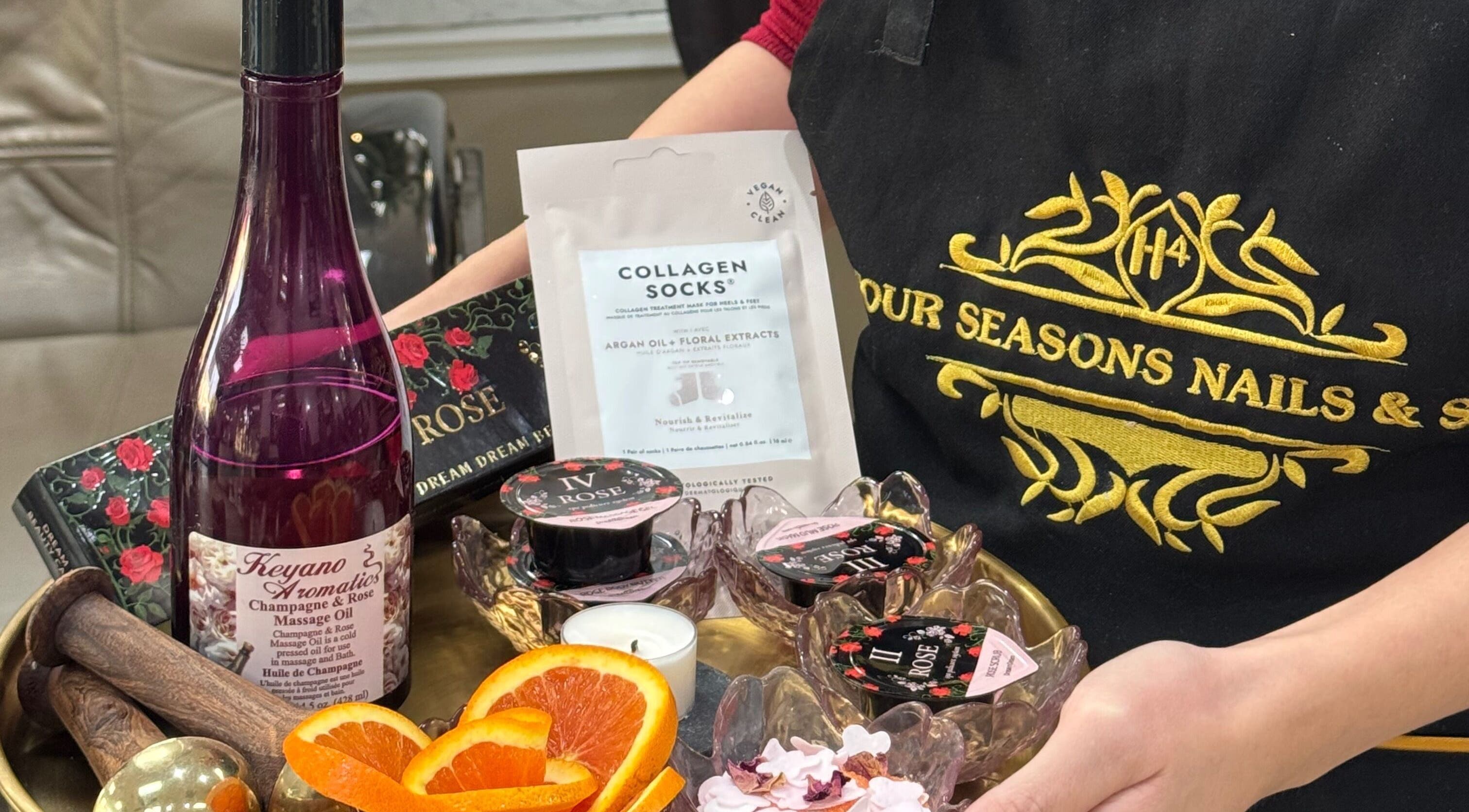Luxurious spa tray at Four Seasons Nails and Spa Sherwood in Sherwood, Oregon, US, featuring massage oil and beauty products.