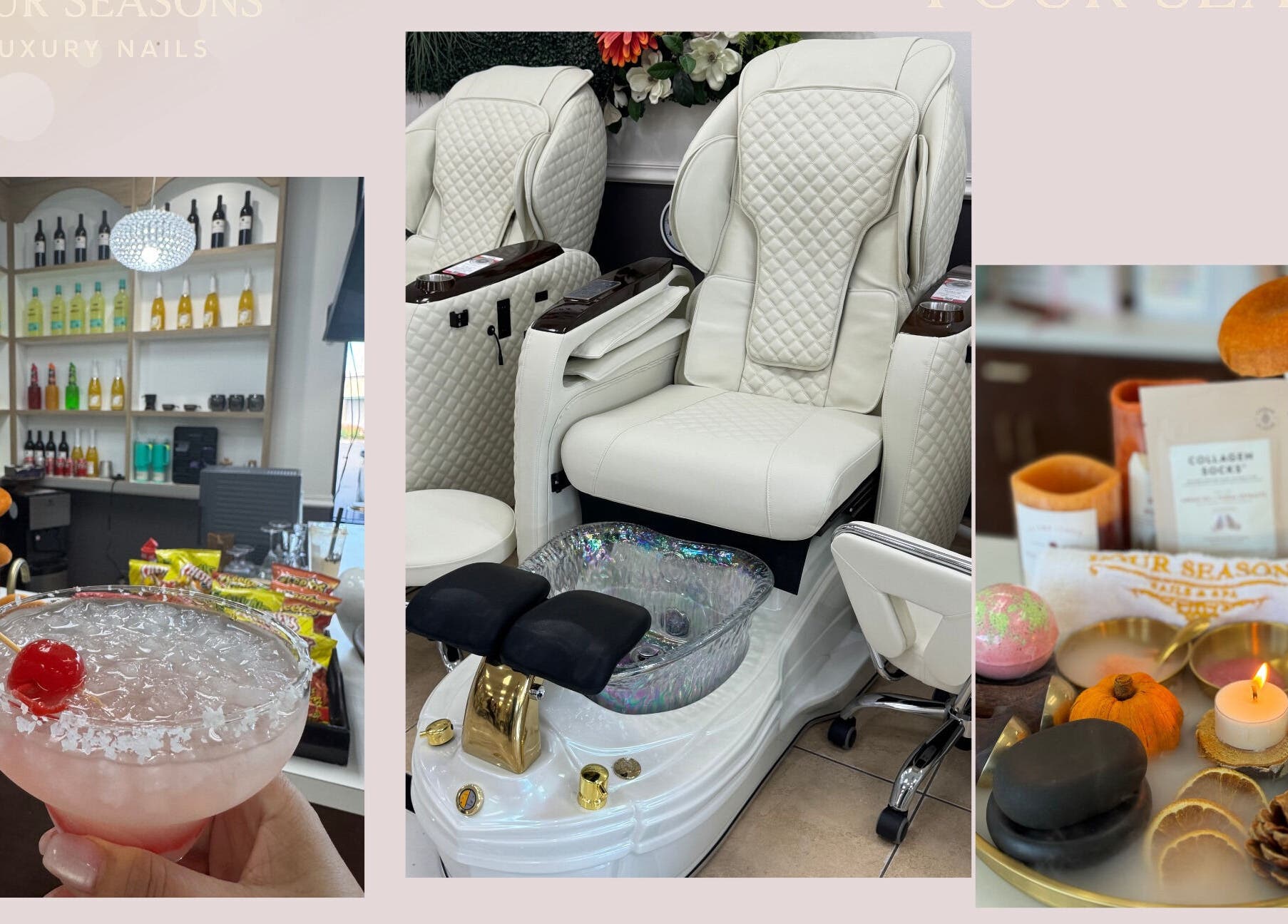 Four Seasons Nails and Spa Sherwood offers luxurious pedicures in plush chairs. Enjoy a delightful cocktail in Sherwood, Oregon, US.