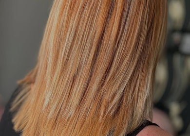 Golden blonde hair beautifully styled at Bendall Beauty, Farnborough, England, GB.