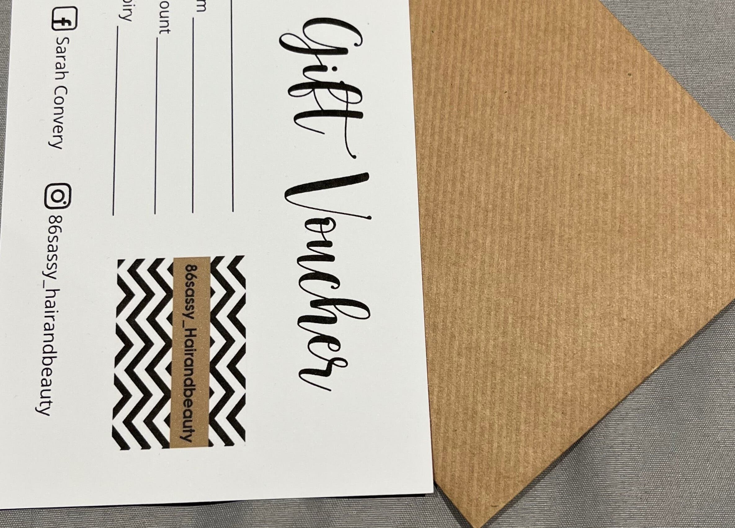 Gift voucher from 86 Sassy Hair and Beauty, Newcastle upon Tyne, England, GB on a textured envelope.
