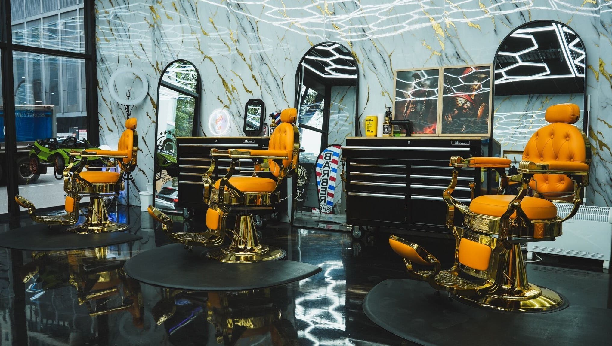 Elegant barber chairs at SINABLENDZ ON CITY RD, Melbourne, Victoria, AU showcasing style and comfort.