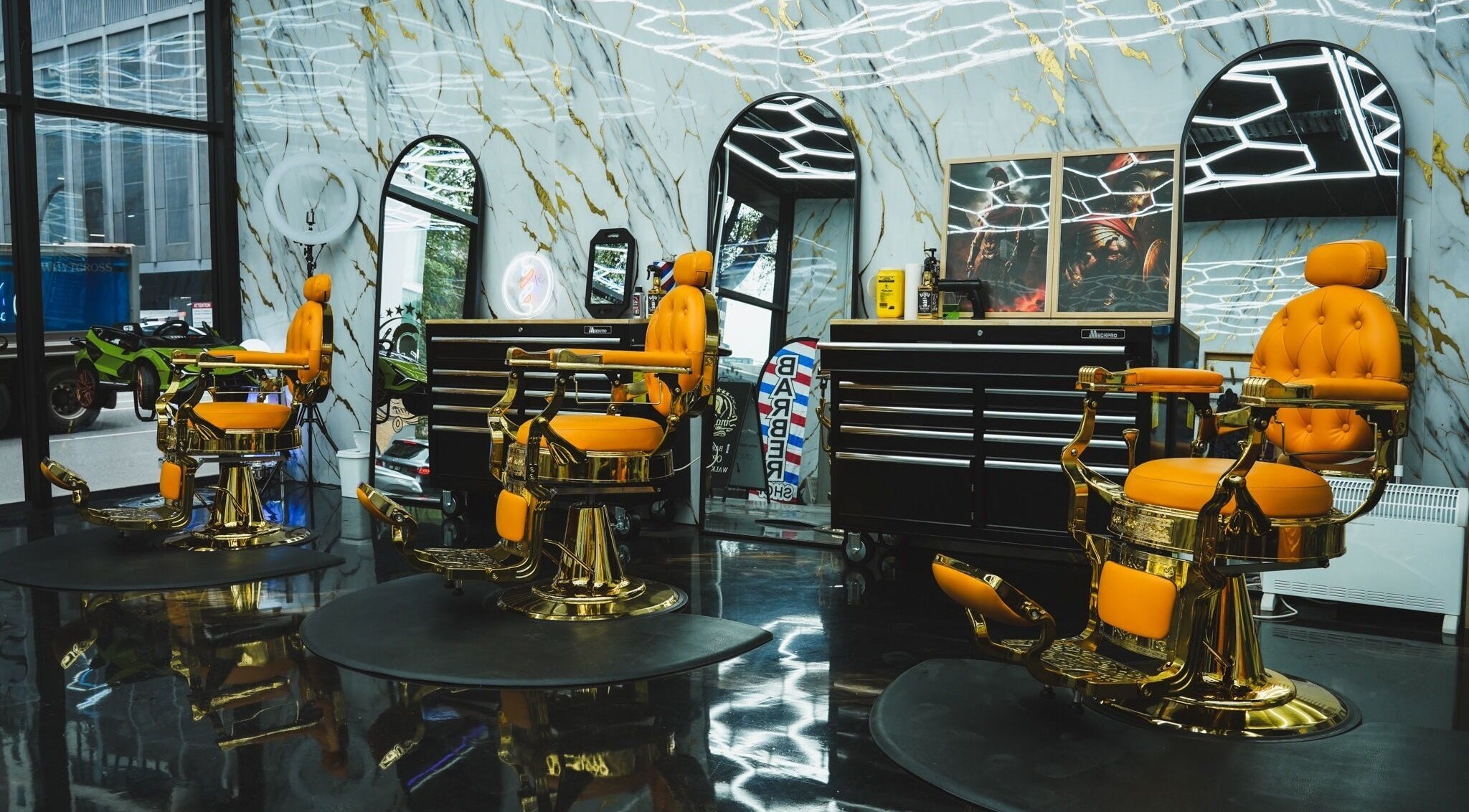 Elegant barber chairs at SINABLENDZ ON CITY RD, Melbourne, Victoria, AU showcasing style and comfort.