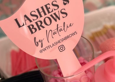 What the Fluff! Lashes & Brows kit at Nottingham, England. Pink aesthetic tools with brand logo.