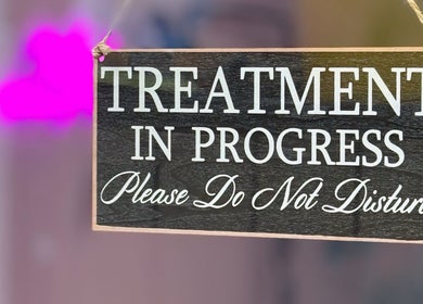 Treatment in progress sign at What the Fluff! Lashes & Brows, Nottingham, England, GB.