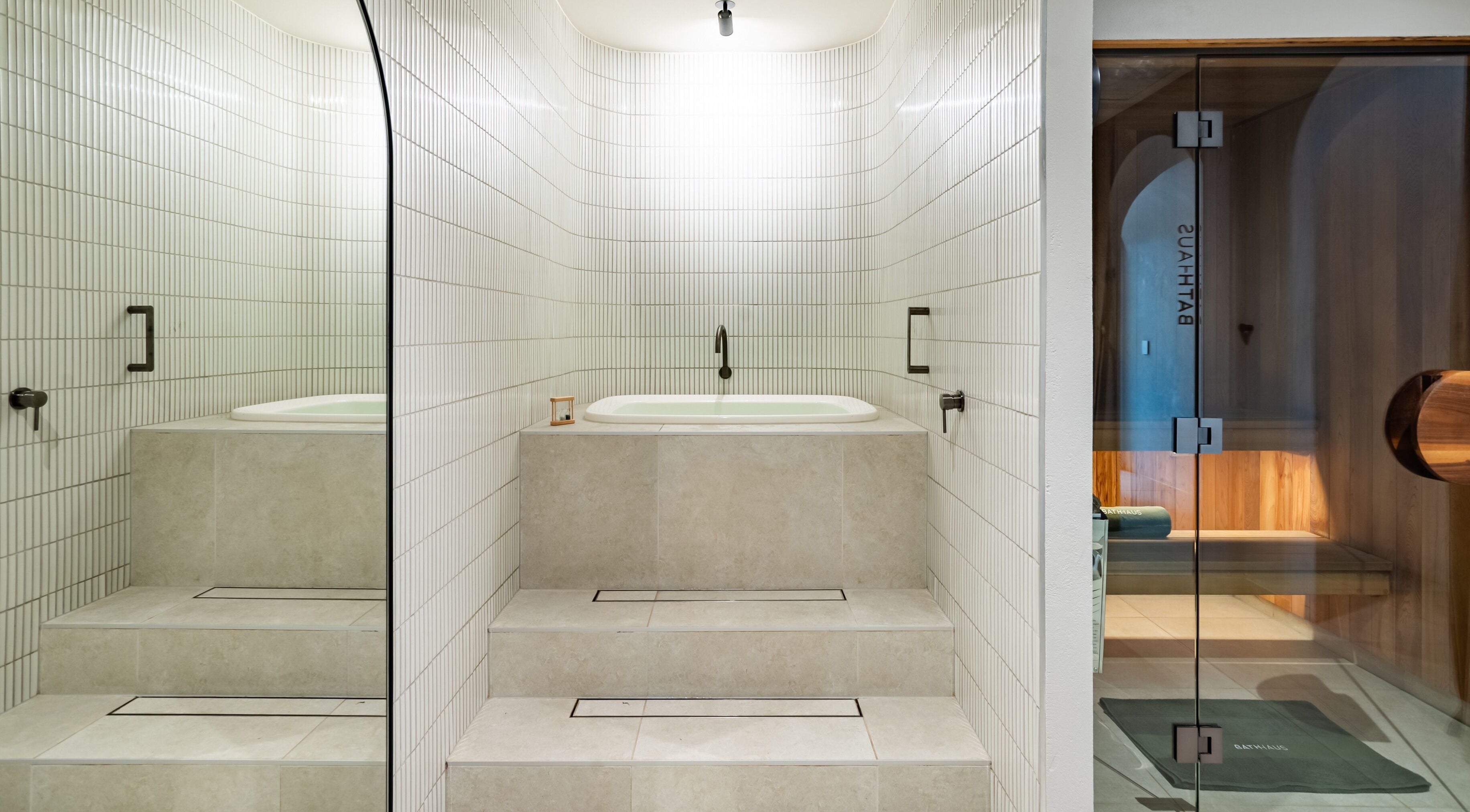 Modern soaking tub and sauna at Bath Haus Cronulla, Cronulla, New South Wales, AU.