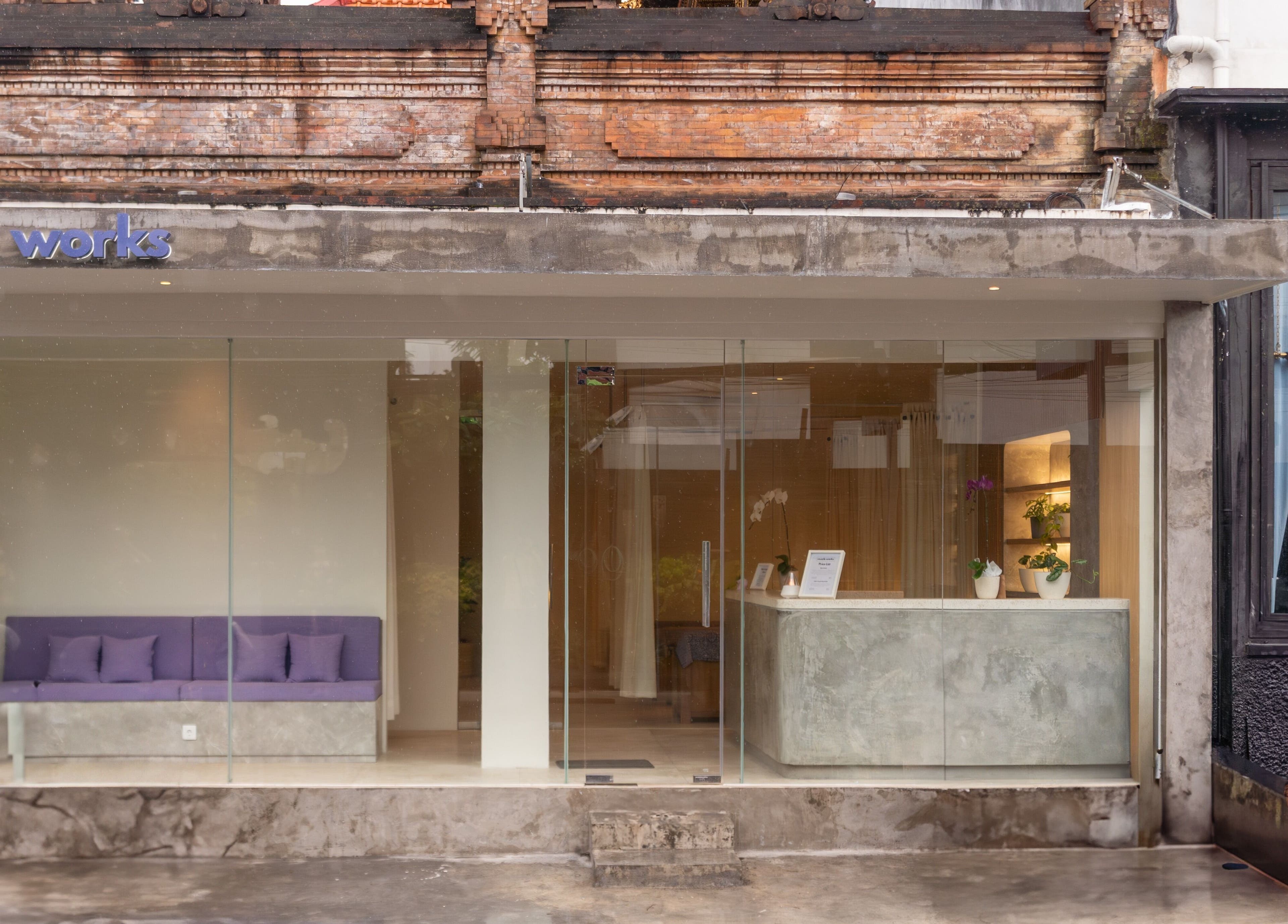 Front view of Muscle Works, a wellness venue in Bali, featuring a welcoming modern design.