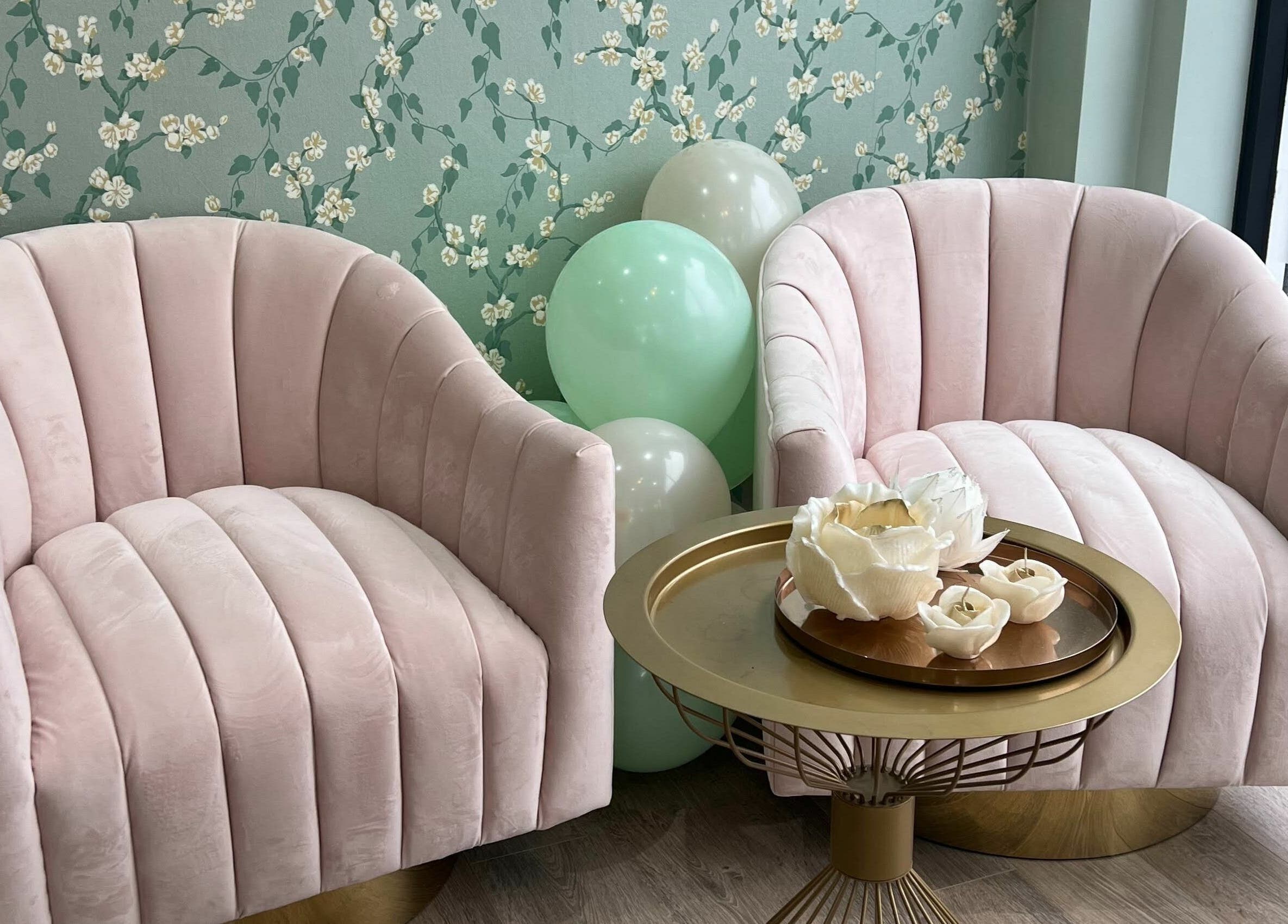 Elegant pink chairs and decor at You and Me - Nails by Dom in London, England, GB.