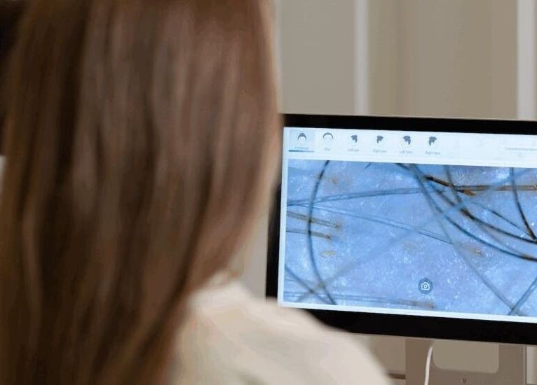 Customer viewing hair analysis at Kenko Spa, Dubai, Dubai, AE, showcasing advanced wellness technology.