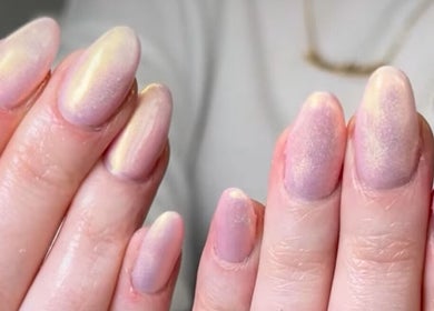 Close-up of shimmering pastel nails done at The Witchery, Glasgow, Scotland, GB.
