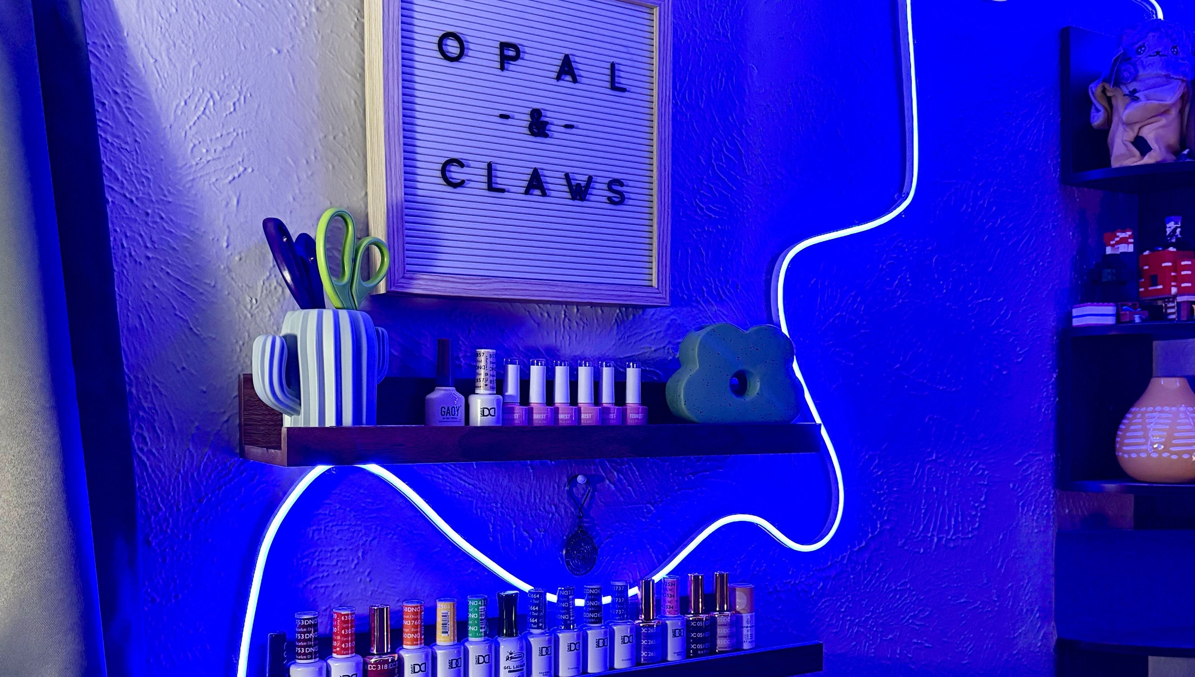 Stylish neon-lit shelves at Opal & Claws, Hurst, Texas, US, showcasing nail products and decor.