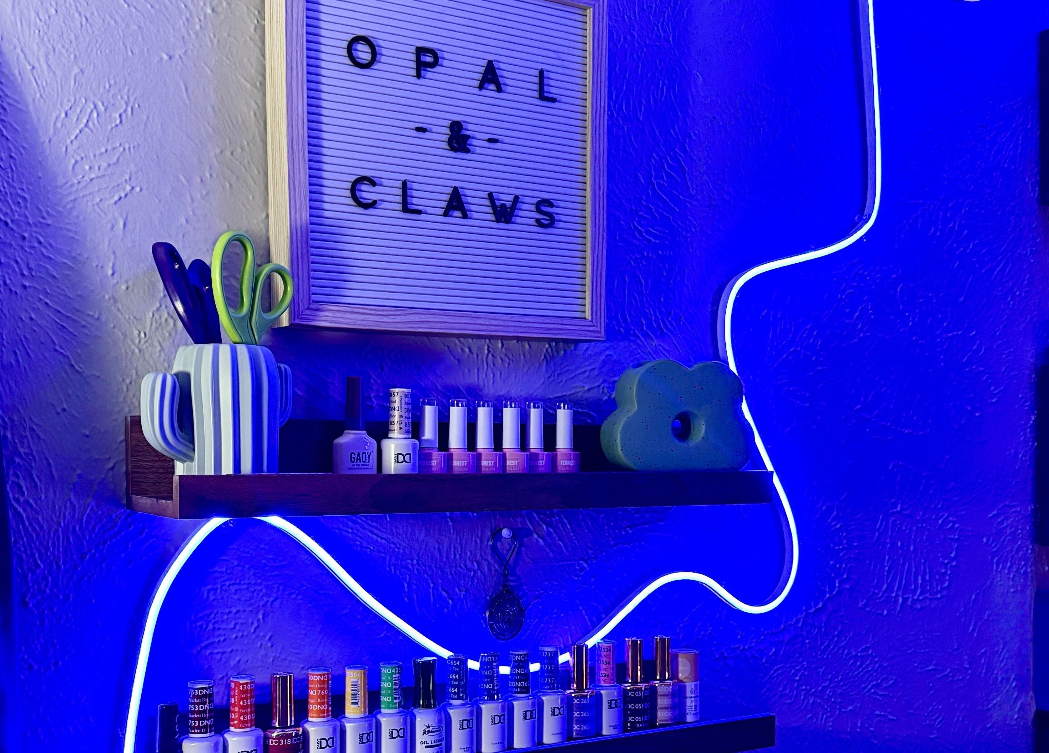 Stylish neon-lit shelves at Opal & Claws, Hurst, Texas, US, showcasing nail products and decor.