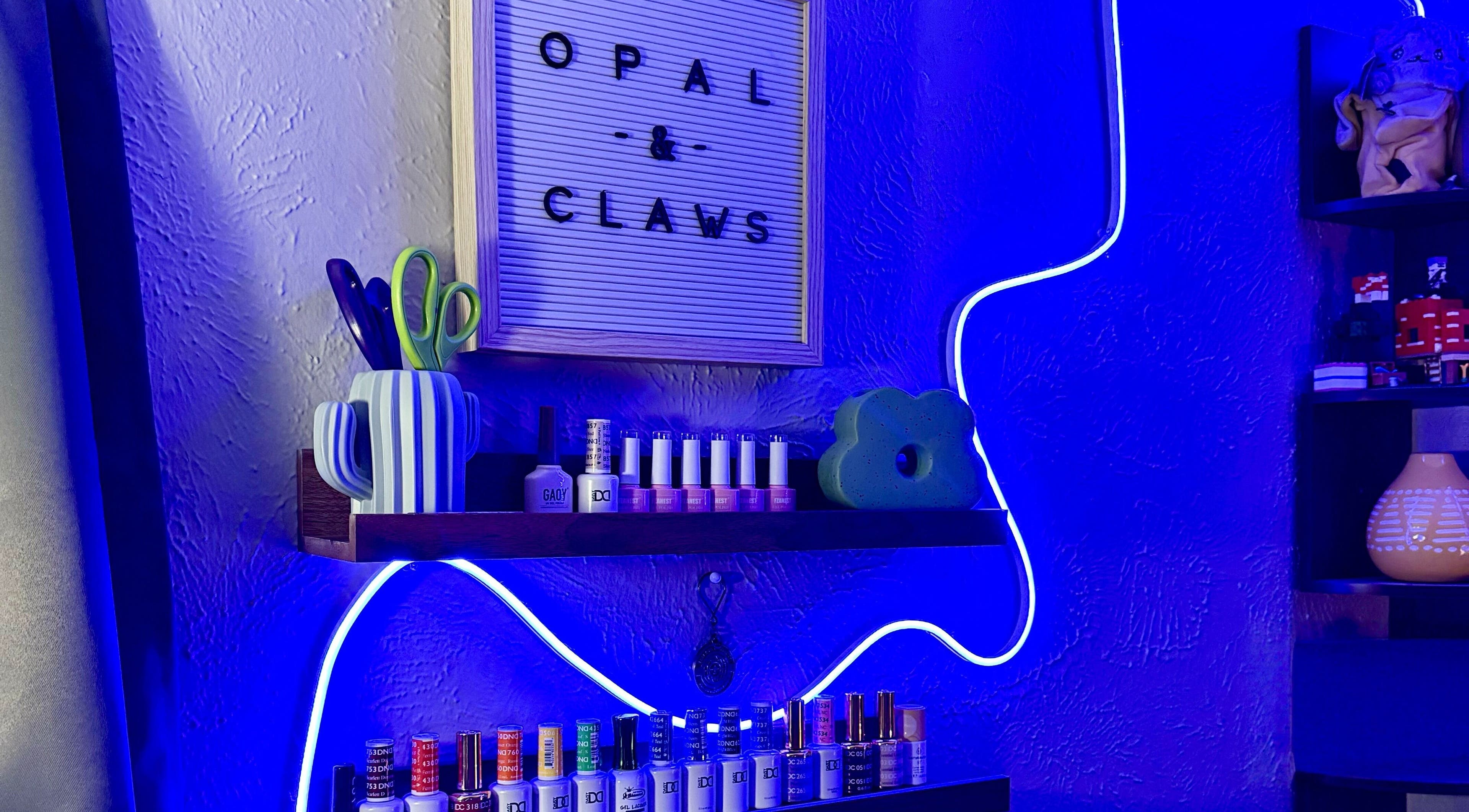 Stylish neon-lit shelves at Opal & Claws, Hurst, Texas, US, showcasing nail products and decor.