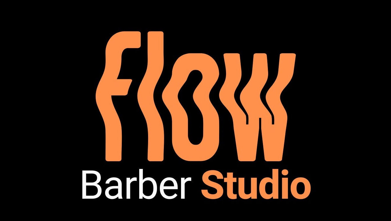 Flow Barbers logo in orange and white text on a black background, located in Äkäslompolo, Lappi, FI.