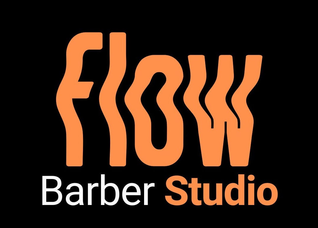 Flow Barbers logo in orange and white text on a black background, located in Äkäslompolo, Lappi, FI.