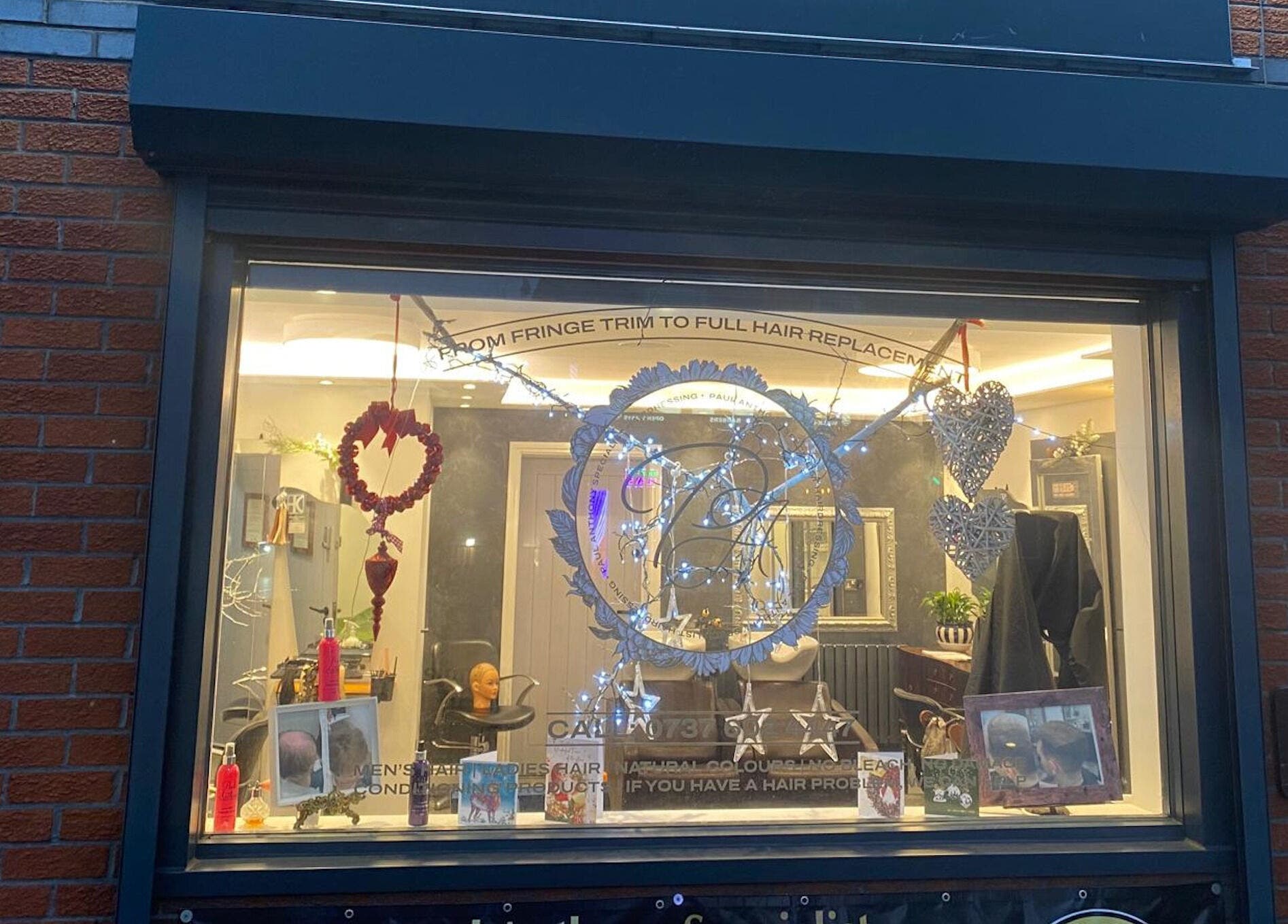 Charming front window display at DivaDazzle Hair Extensions, Denton, England, GB