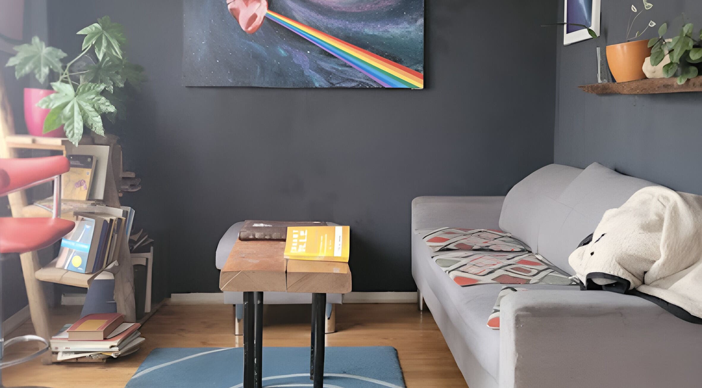 Sala de espera acogedora en Barberia Alquimista, San Pedro De La Paz, Bío Bío, CL con sofás y plantas.