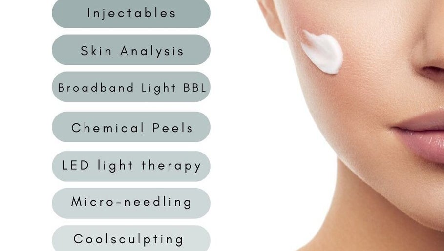 Panacea Skin Clinics services list and woman's cheek with cream in Mona Vale, New South Wales, AU.