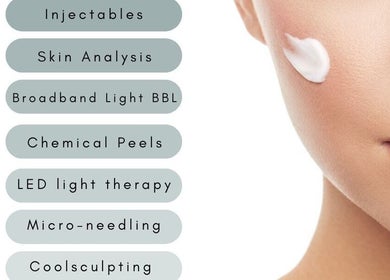 Panacea Skin Clinics services list and woman's cheek with cream in Mona Vale, New South Wales, AU.
