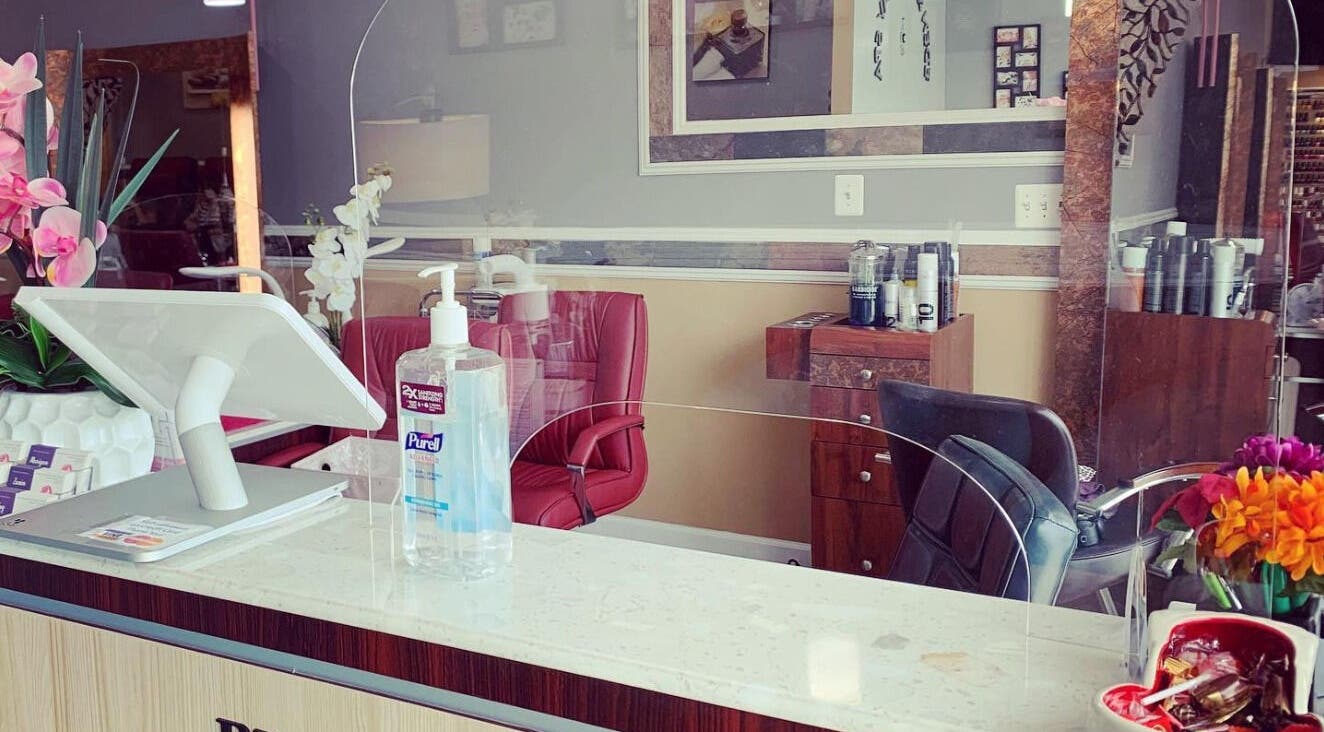 Reception area of Eden of Ashburn Salon and Spa in Ashburn, Virginia, US with elegant decor.