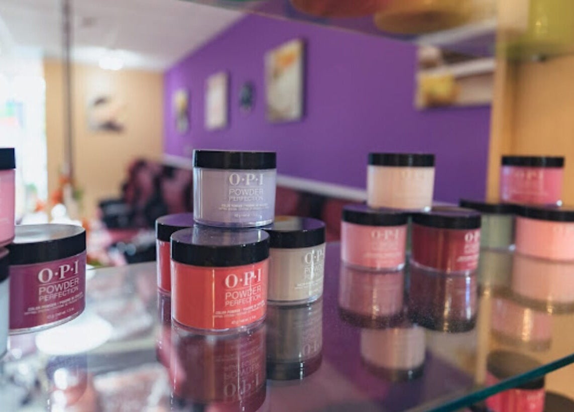Colorful nail powders on display at Eden of Ashburn Salon and Spa, Ashburn, Virginia, US.