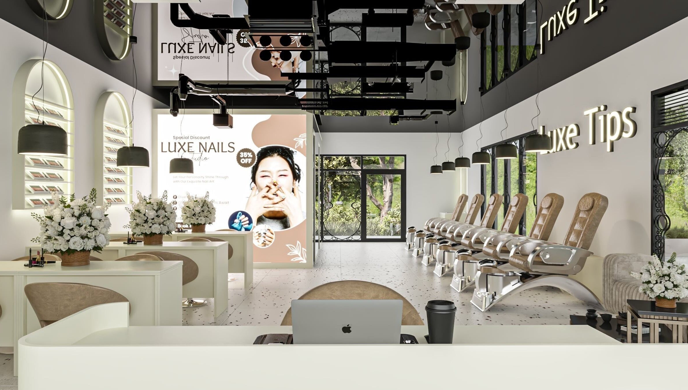 Chic interior of Luxe Tips, a beauty salon in Melbourne, Victoria, AU featuring a modern, airy design with nail stations.
