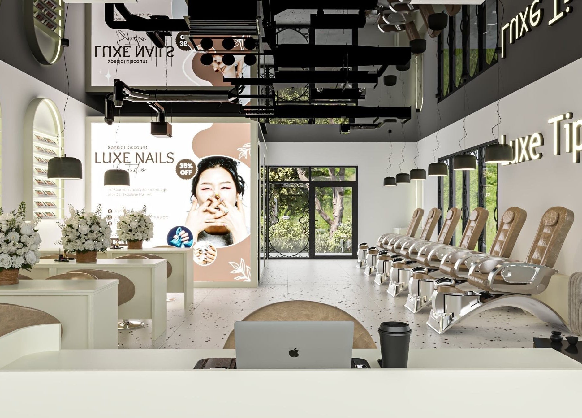 Chic interior of Luxe Tips, a beauty salon in Melbourne, Victoria, AU featuring a modern, airy design with nail stations.