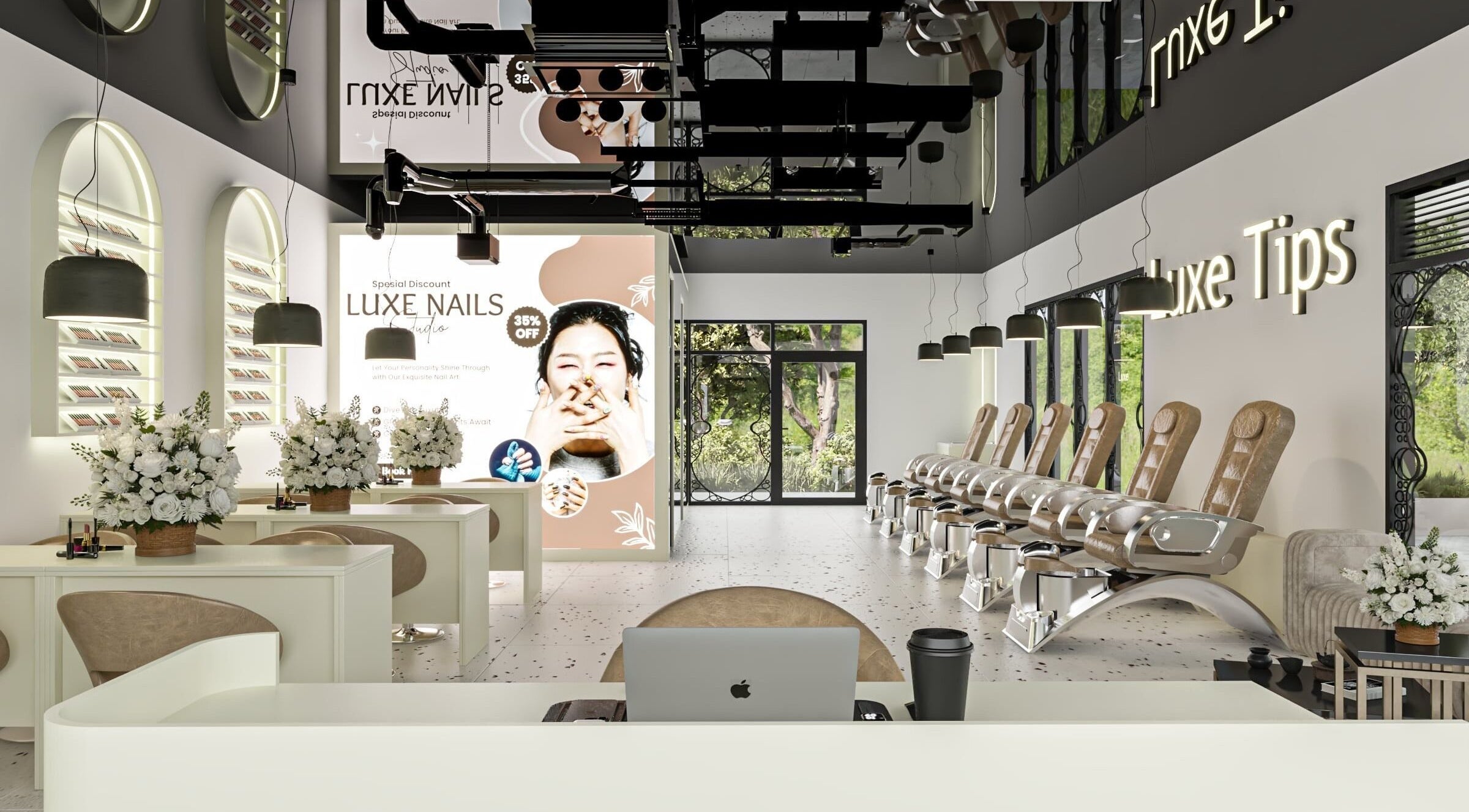 Chic interior of Luxe Tips, a beauty salon in Melbourne, Victoria, AU featuring a modern, airy design with nail stations.