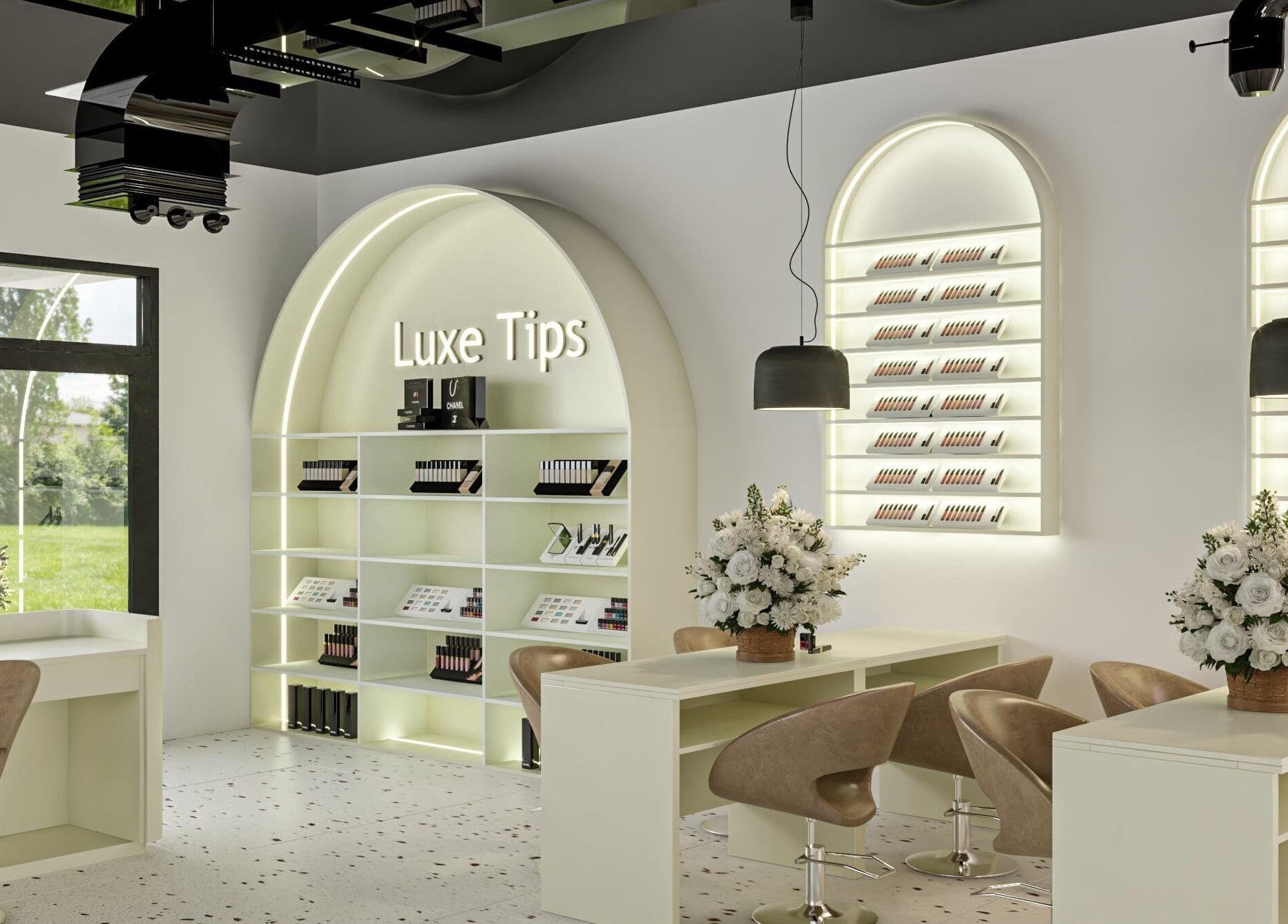 Interior of Luxe Tips in Melbourne, Victoria, AU, featuring elegant nail salon decor with neutral tones.