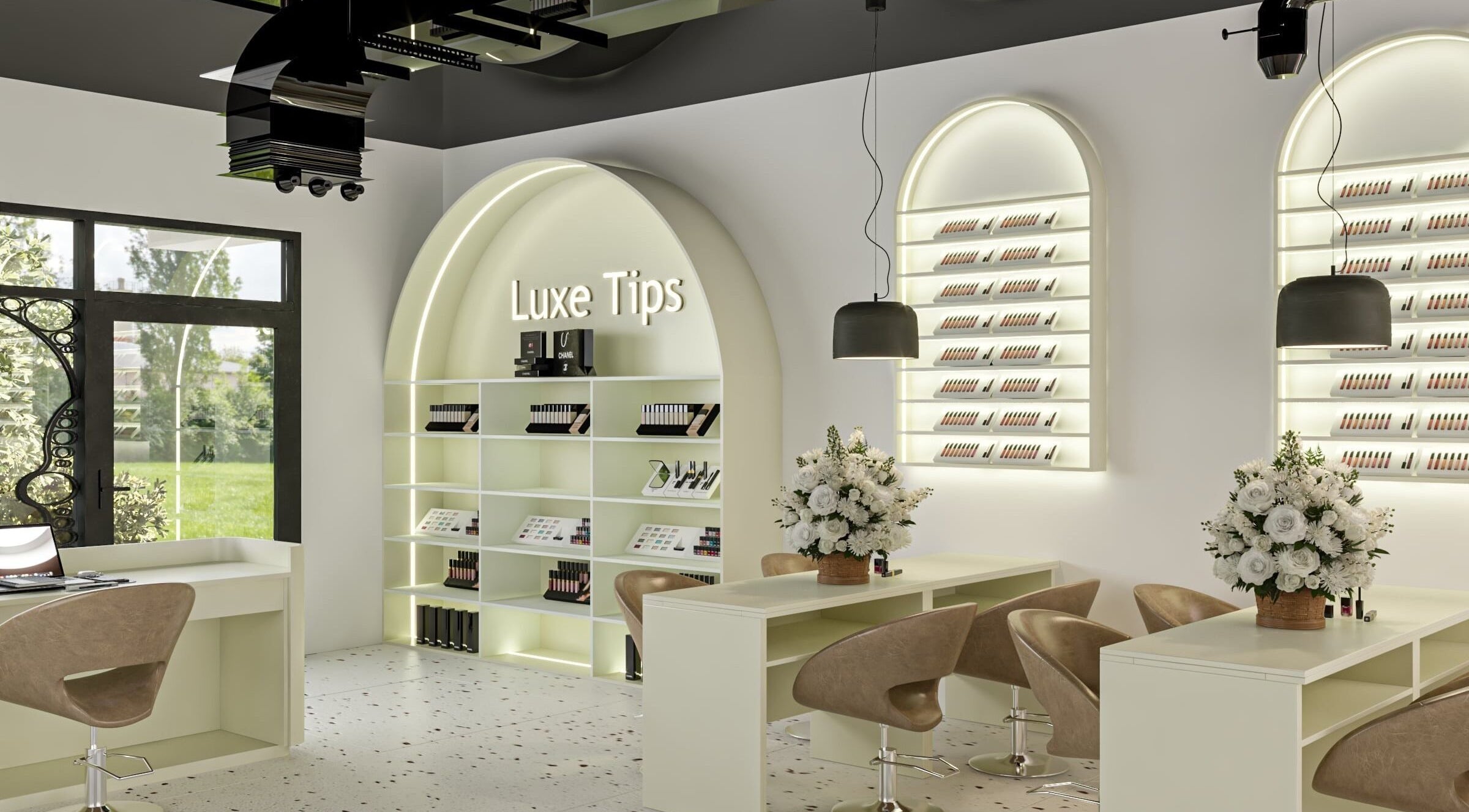 Interior of Luxe Tips in Melbourne, Victoria, AU, featuring elegant nail salon decor with neutral tones.