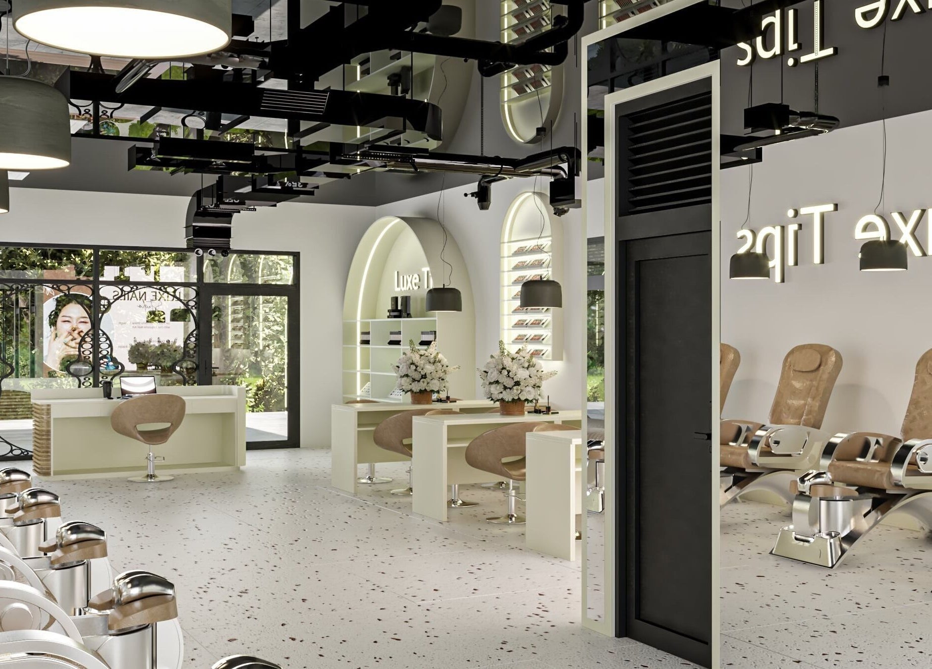 Bright, modern interior of Luxe Tips in Melbourne, Victoria, AU with plush seating and elegant decor.