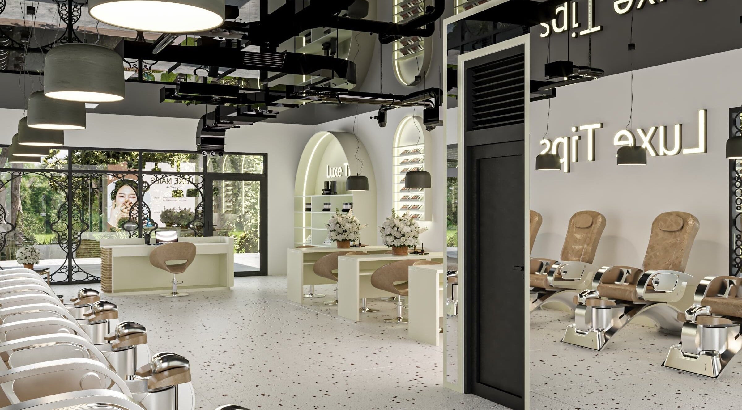 Bright, modern interior of Luxe Tips in Melbourne, Victoria, AU with plush seating and elegant decor.