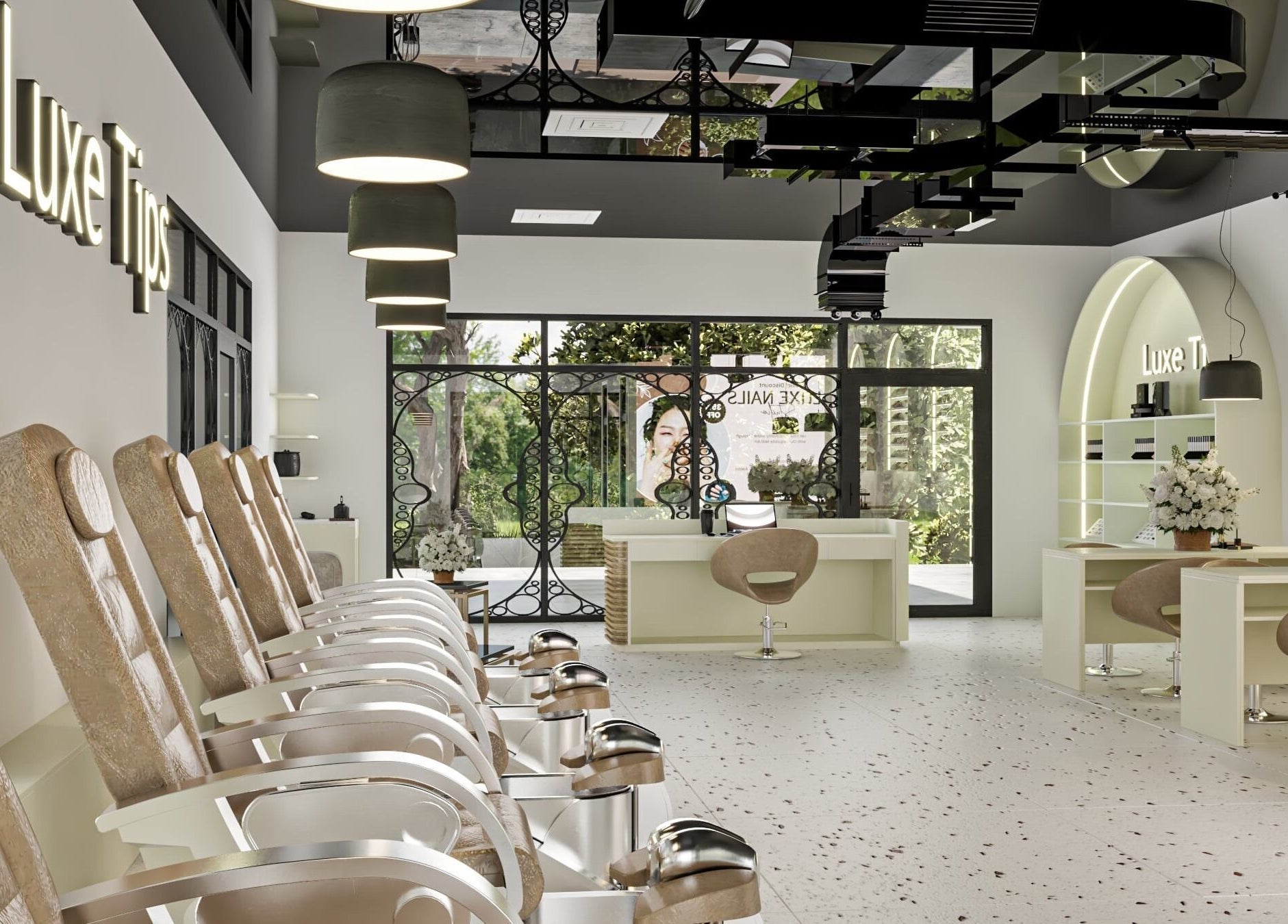 Modern interior of Luxe Tips, a beauty salon in Melbourne, Victoria, AU, featuring elegant pedicure chairs.