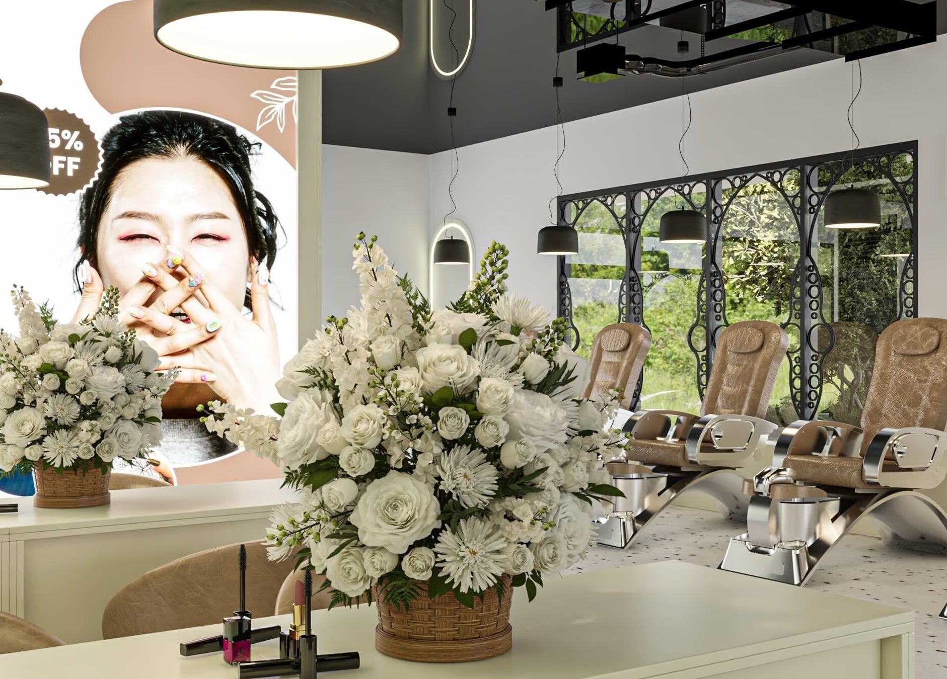 Luxe Tips salon in Melbourne, Victoria, AU features elegant decor with plush seating and exquisite floral arrangements.