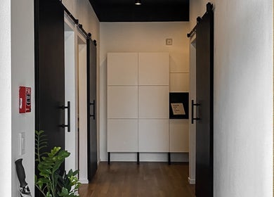 Modern corridor with plants at Esthetic Society, Bellevue, Washington, US.