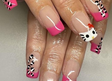 Stylish pink nail art with Hello Kitty design at Sweet&SinfulBeauty, Tamworth, New South Wales, AU.