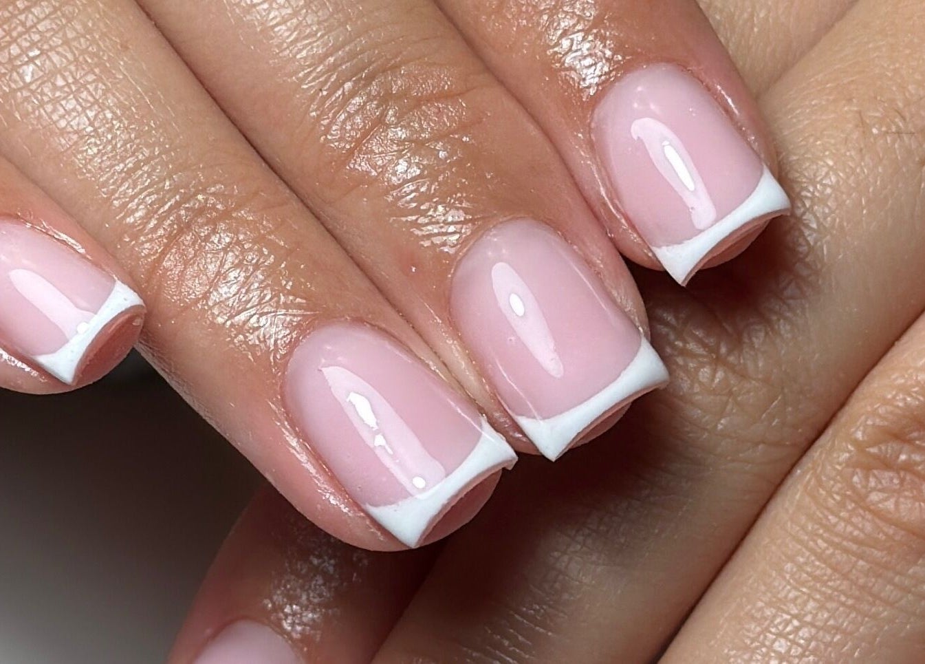 Close-up of French manicure by Ameliaelizabethnails, Stoke-on-Trent, England, GB.