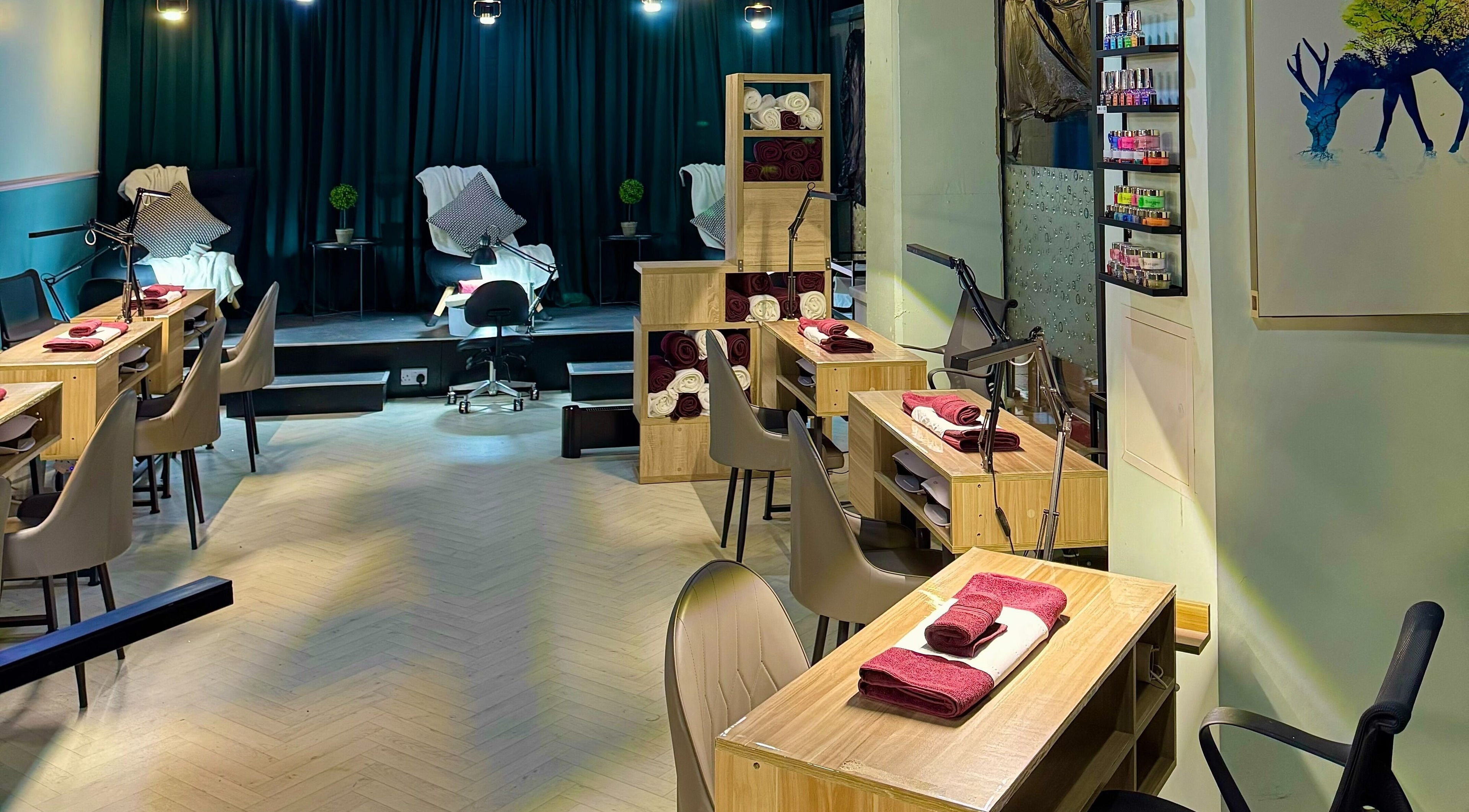 Zencora beauty salon in Drogheda, County Louth, IE, featuring chic nail stations and cozy seating.