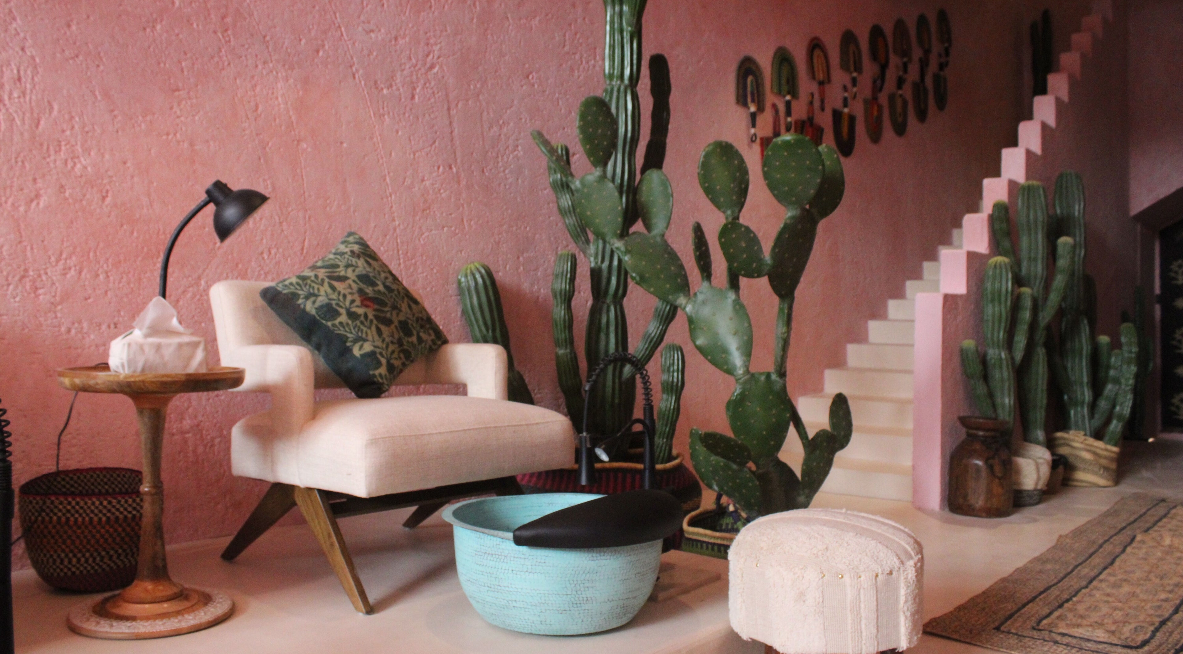 Cozy seating with cacti at Pinkaboo Nail Boutique, Riyadh, Riyadh Province, SA.