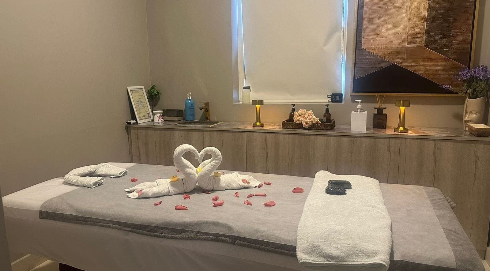 Relaxing massage room at أسدان سبا ASADAN spa in Riyadh, Riyadh Province, SA, featuring elegant decor.