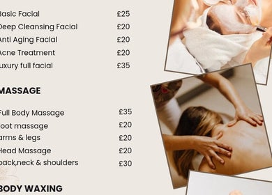 Above & Beyond Beauty & Massage menu with facials and massages, Sutton-in-Ashfield, England, GB.